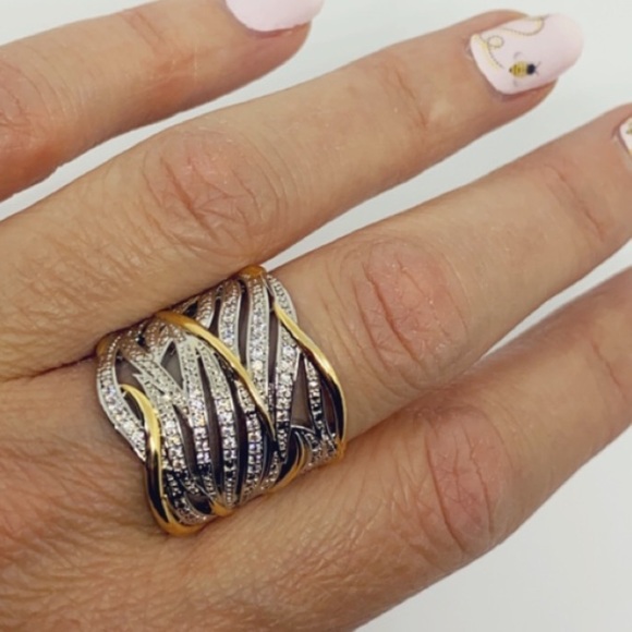 Silver Wide Band White Sapphire Gold Ring - Picture 7 of 16